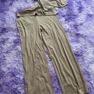 Almost Famous Taupe Ribbed Wide-Leg Pants with Belted Ring